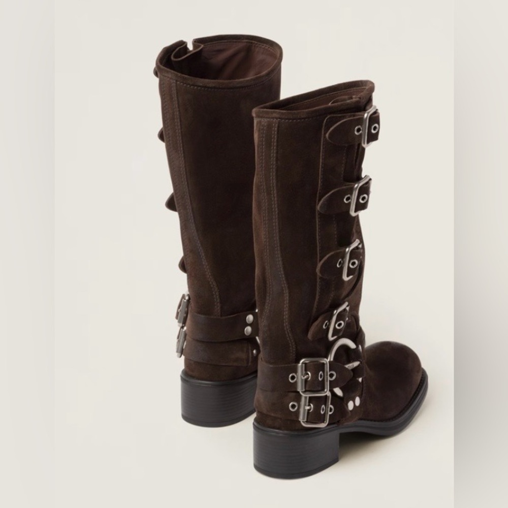 Miu Miu Brown Suede Buckle Knee-High Boots - Picture 6 of 10